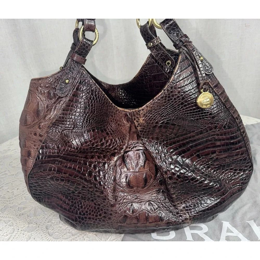 Vintage Brahmin Brown Croc Shoulder Bag Large Hobo Annie Purse Suede Lined